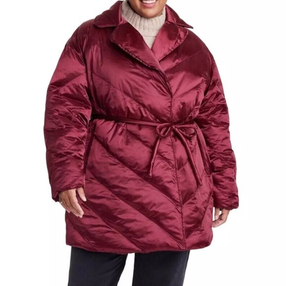 Puffer - Jacket 1X 2X Berry Red Snap Car Winter Coat Quilted Mid Length Warm New - Picture 1 of 4